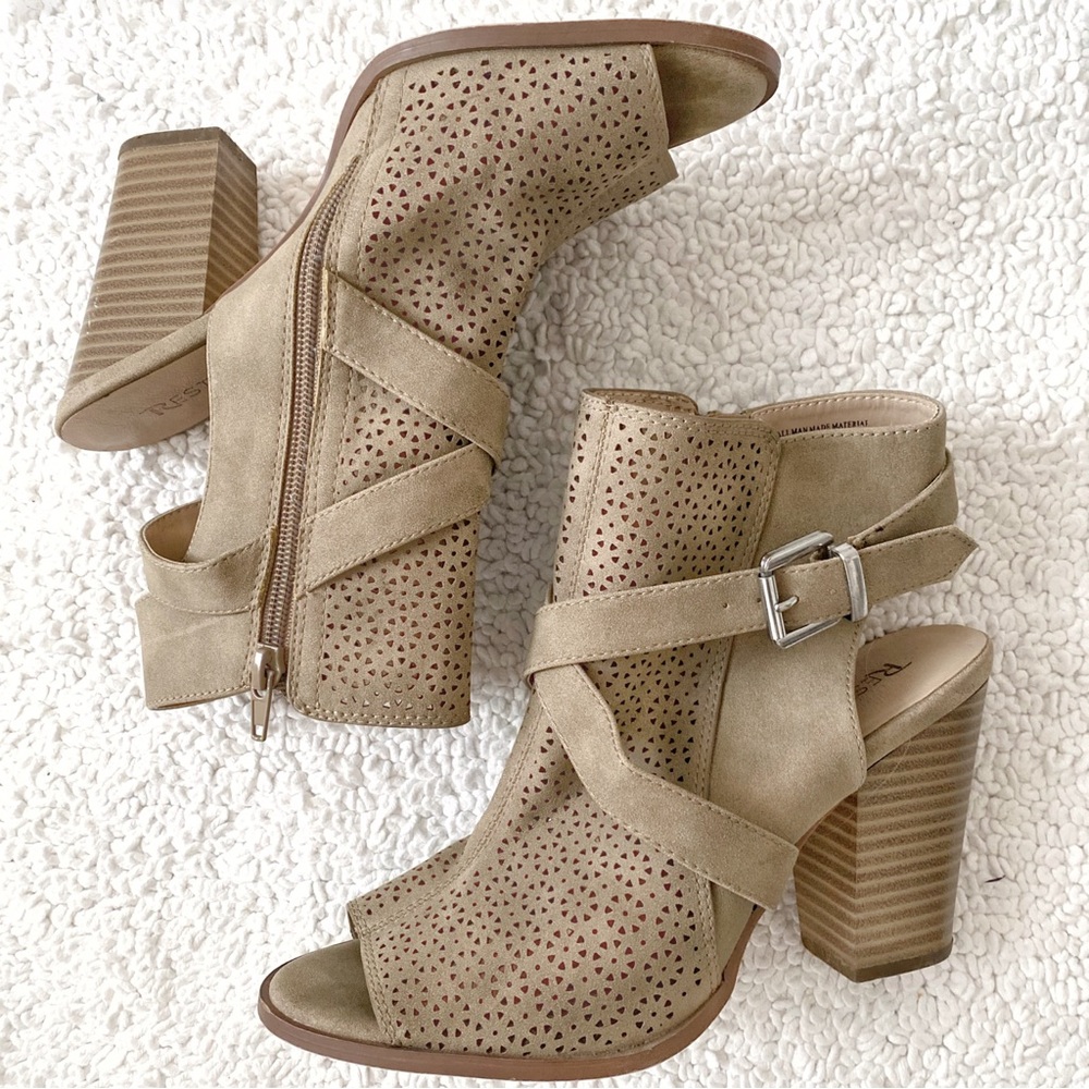 Restricted Laser Cut Strappy Peep Toe Booties Taupe Mallow Block Heel Ankle Boot